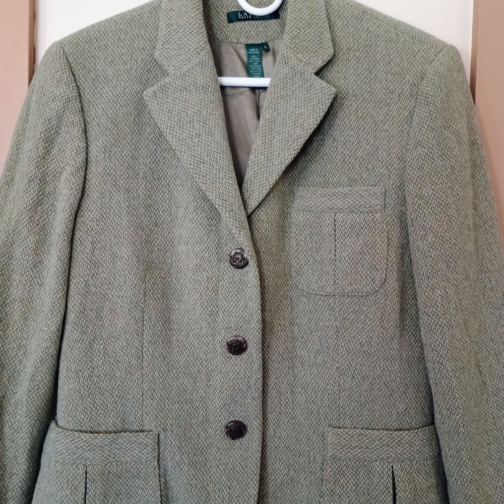 Lauren Ralph Lauren Women's Herringbone Wool Blend Blazer in Light Olive